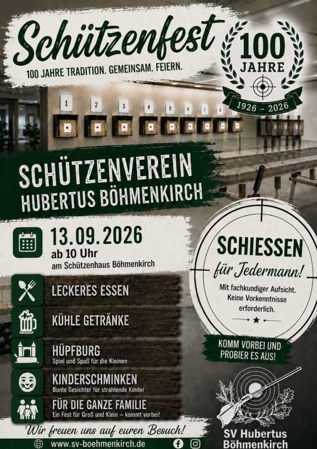 Werbeplakat des Schützenvereins HUBERTUS Böhmenkirch zur 100-Jahr-Feier mit Jedermannschießen