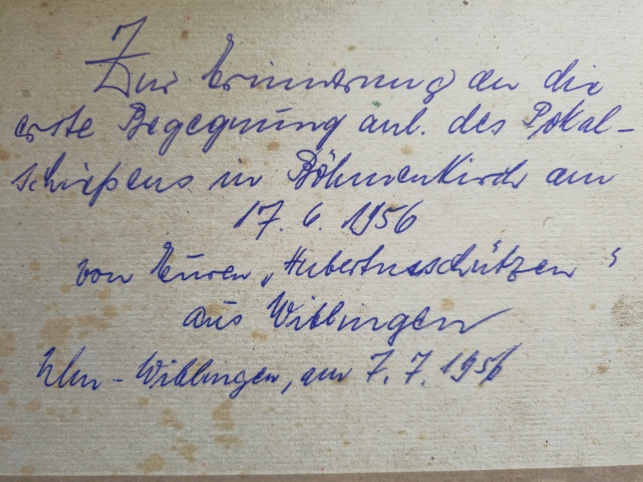 Handschriftliche historische Notiz der Hubertusschützen aus Ulm-Wiblingen zum ersten Pokalschießen in Böhmenkirch am 17. Juni 1956